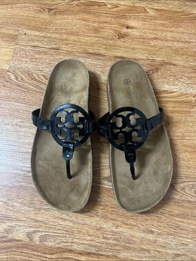 TORY  BURCH Black Logo Thong Cork-Style Sandals  Size 8